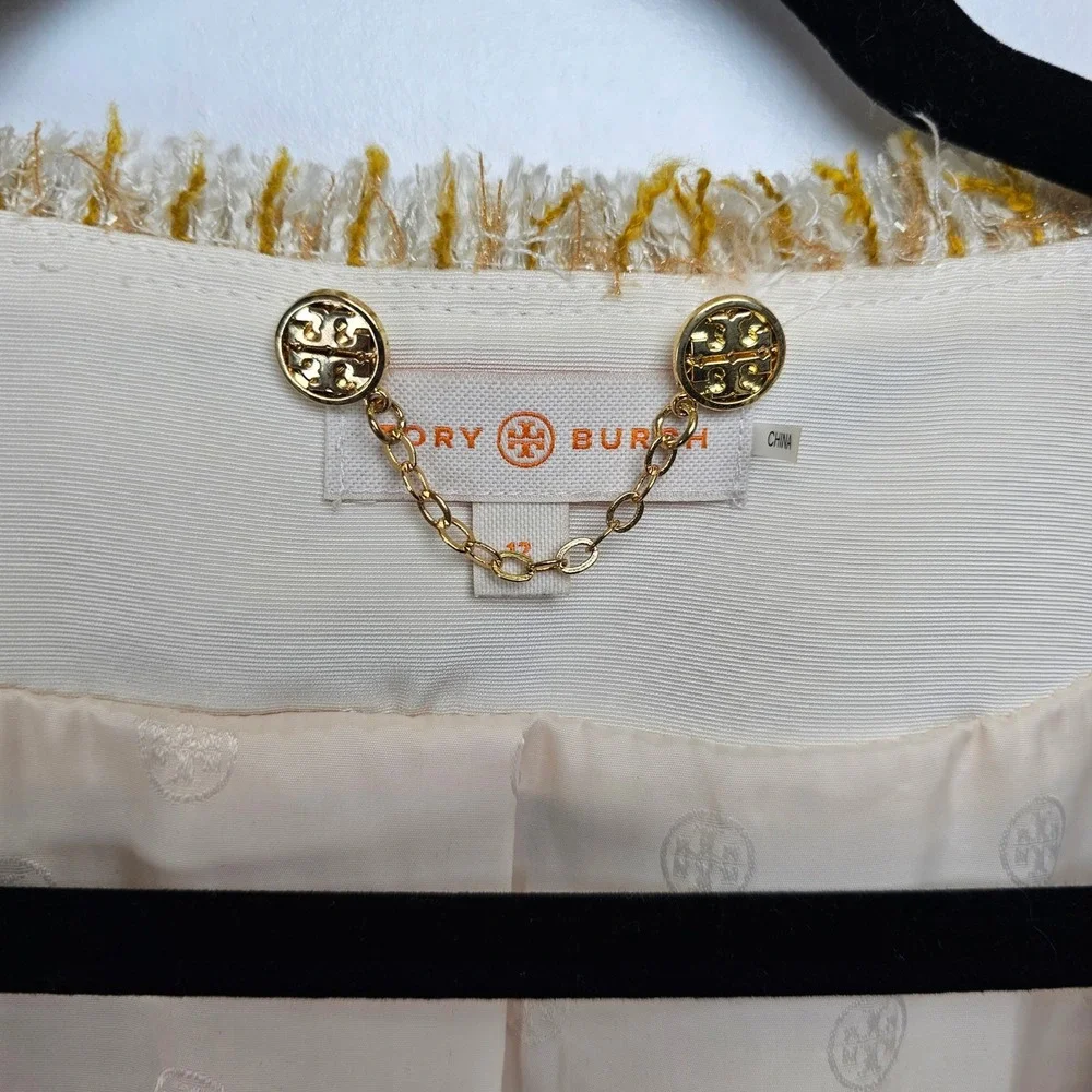 Tory Burch Emma Women Tweed Jacket  Beige Yellow Waist Length Gold Details Sz 12